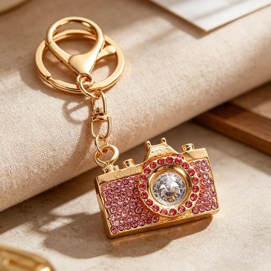 Portachiavi Ciondolo Strass Intarsiati Design Fotocamera Portachiavi con Moschettone Anti-Ossidazione Accessorio per Zaini