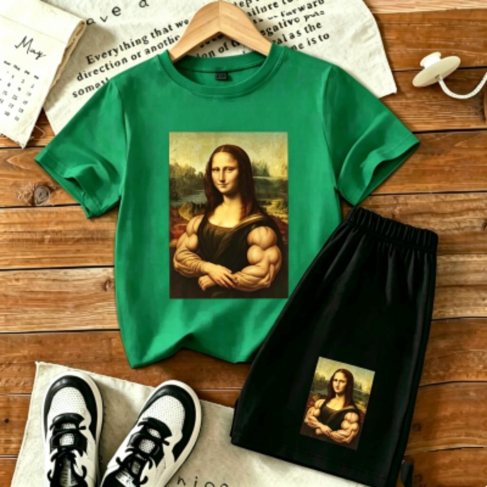 Muscular Woman Printed 15 Colors Outdoor Street men's T-shirt and Shorts 2 Piece Set Summer Home Casual Outfit Men and Women's Sports Set