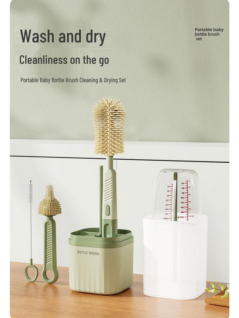 Reise-Babyflaschenbürsten-Set mit Silikon-Saugerbürste, Abtropfgestell, Strohhalm- und Fugenbürsten