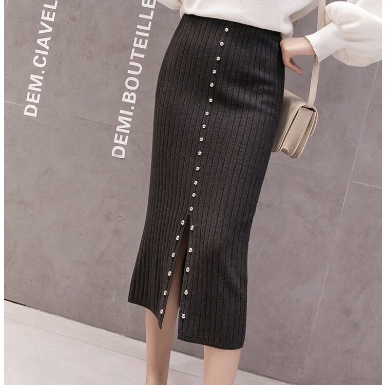 Women Knitted Skirt High Waist Front Slit Knee Length Pencil Skirt Spring Autumn Office Skirts Womens