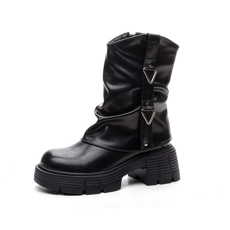 Fashion 6.5cm New Microfiber Leather Spring Round Toe Winter Plush Fashion Ladies Shoes Autumn Boots Women Ankle Booties Chimney