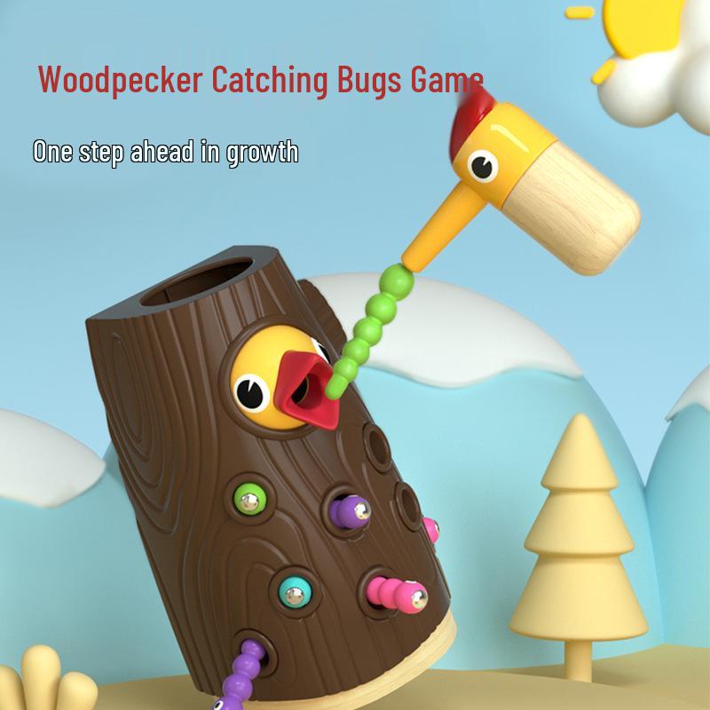 Early Learning Magnetic Woodpecker & Worms Wooden Fishing Game for Kids