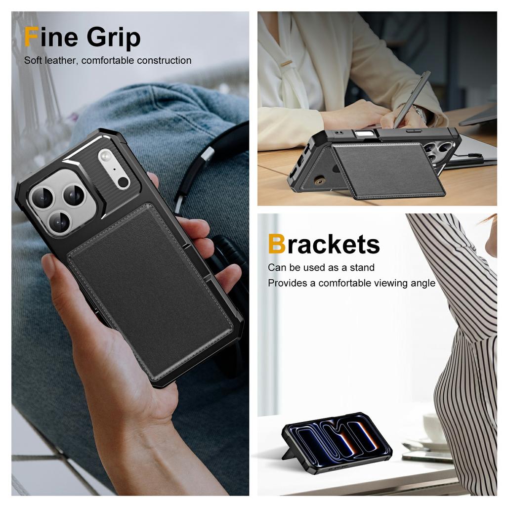 For iPhone 17 Pro Max Case Card Slot Kickstand Leather + TPU Reinforced Corner Phone Cover