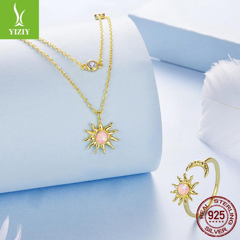 Opal Sun Moon Double Necklace Ring Set, Bohemian S925 Sterling Silver Collarbone Chain
