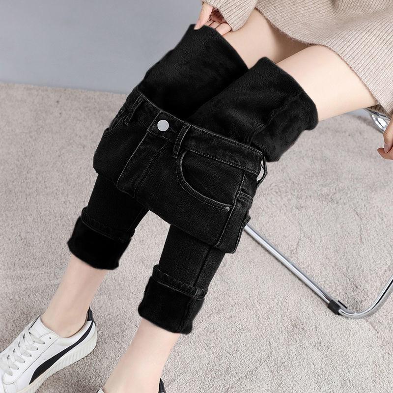 Womens Warm Fleece-Lined Thick Denim Pants High Waist Slim Fit Pencil Trousers Winter Plus Size