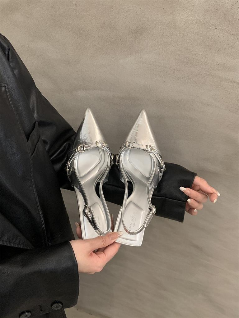 French Bag Head High-heeled Sandals Shallow Mouth Spring 2024 New Models Empty Thin Heel Temperament Celebrity Pointed Single Shoes Women's Shoes