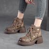 Retro Genuine Leather Thick Sole Lace-up Roman Sandals 2023 Summer New Round Toe Hollowed Out Thick Heeled Women Shoes