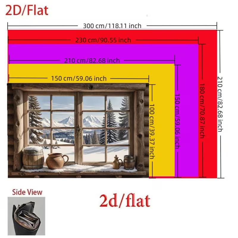 2D Alpine Cabin Backdrop, Cozy Window with Snowy Landscape Photography Background for All Occasions