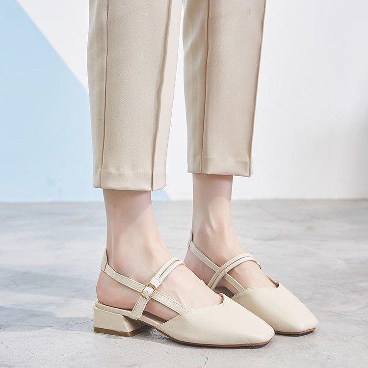 Baotou Sandals Summer Middle Heel New Student Fairy Style Retro Thick Heel One Word with Single Shoes