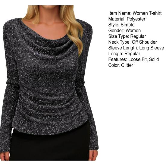 Kadın Tişört Omuz Dekolteli Uzun Kollu Dar Kesim Üstler Pul Payetli Düz Renk Esnek Üstler İş Partisi Günlük Giyim