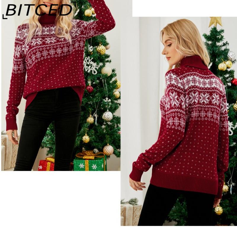 BITCED Autumn/Winter Jacquard Pullover Red Turtleneck Christmas Sweater Snowflake Knit Base Layer