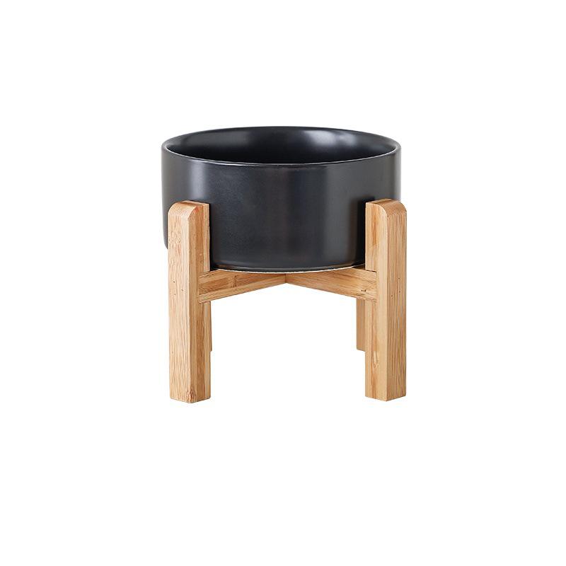 Ceramic Salad & Noodle Bowl Set with Wooden Stand - Black