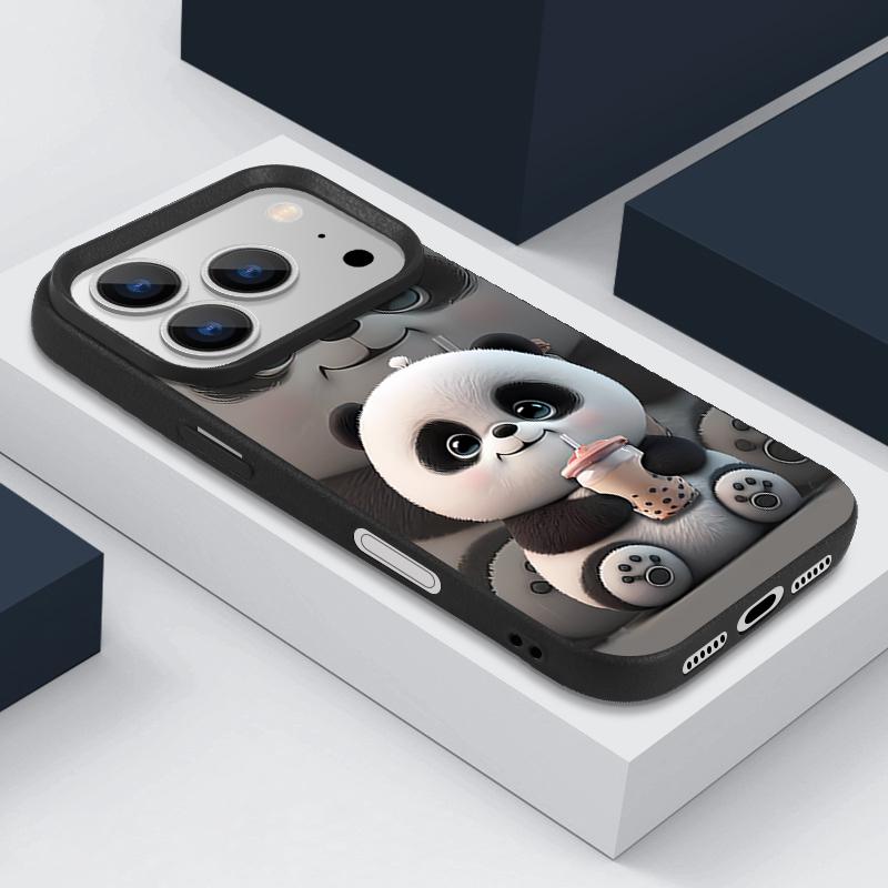 Case For iPhone 17 Pro Max Milk Tea-drinking Panda Pattern Leather Texture Soft Silicone Cover For Funda iPhone 16 Pro Max 15 14 13 12 11 Air 16E