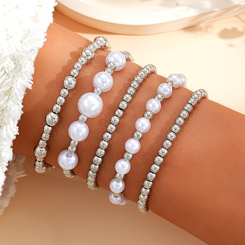 4Pcs/Set Vintage Gold Color Heart Pearl Bowknot Bracelet Set for Women Elegant Beaded Chain Bracelets Bangles Zircon Gifts
