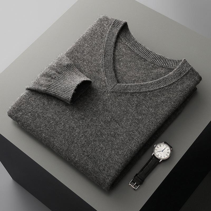 Men's V-Neck 100% Pure Wool Sweater - Solid Color, Short/Long Sleeve, Cashmere Knit Base Layer for Autumn/Winter