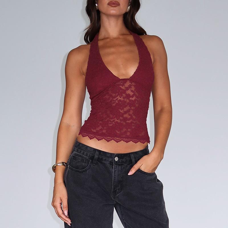 Women Sexy Hollow Out Lace Slim Fit Halter Crop Top