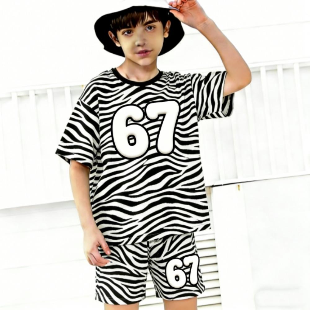 Fashion Number 67 Zebra Colored Printed Men's T-shirt and Shorts 2 Piece Set Summer Casual Outfit for Men's and Women's Clothing Top