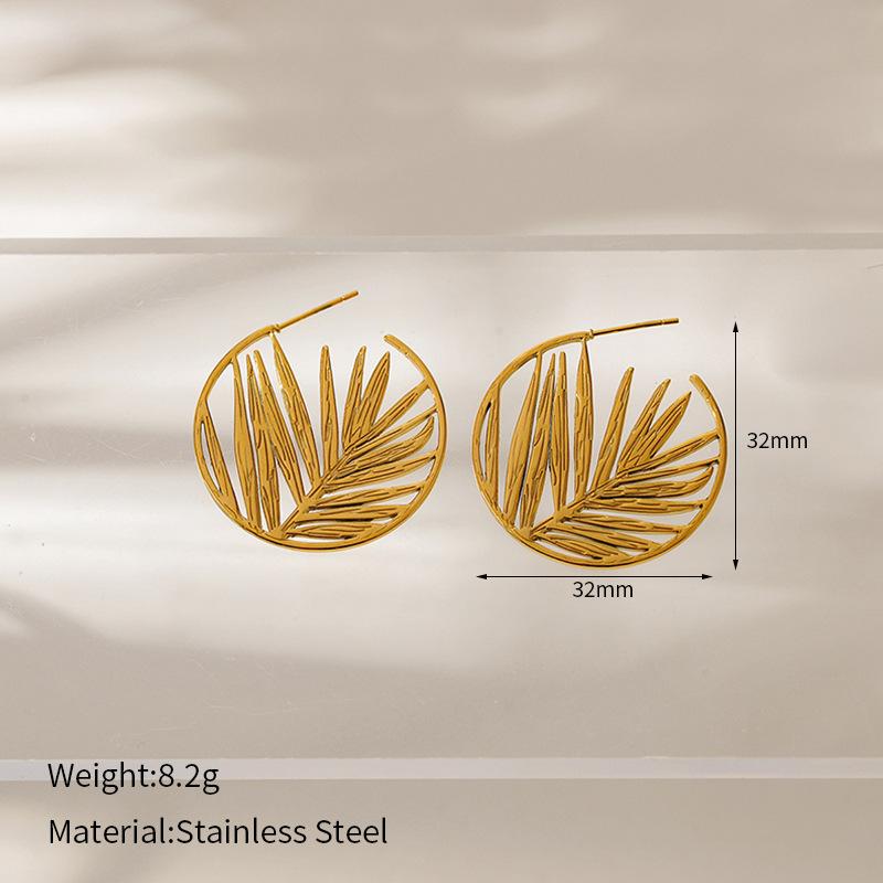 Europe and the United States hot-selling stainless steel round simple ins style geometric stud earrings fashion personality leaf stainless steel
