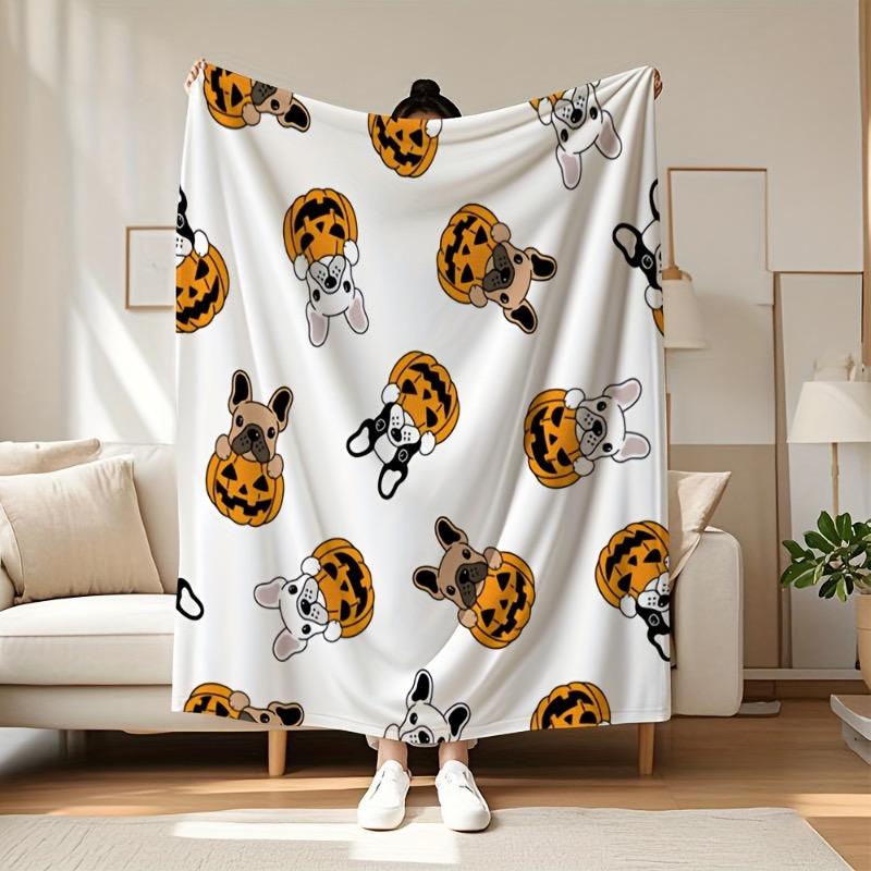 1pc Halloween French Bulldog Blanket - Soft Flannel Throw with Pumpkin Cute Halloween Decorations in Orange & Black 75X95CM
