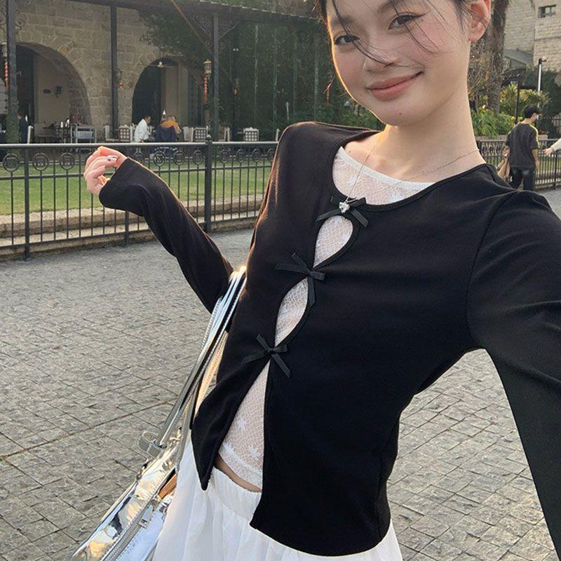 

Cropped Long Sleeve T-shirt: Spring & Autumn Pure Desire Style for Women – Slimming, Unique Fake Two-Piece Design S