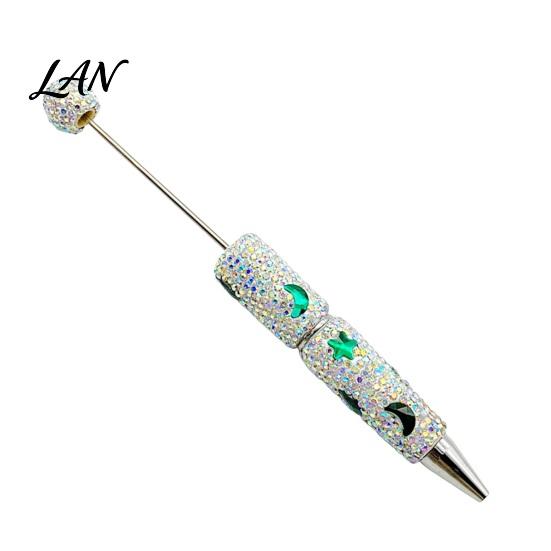 Shiny Rhinestone Pens Glitter Beadable Ballpoint Pen, Sparkly Star Moon Beaded Plastic Customizable DIY Handmade Gel Ink Pen for School Projects,