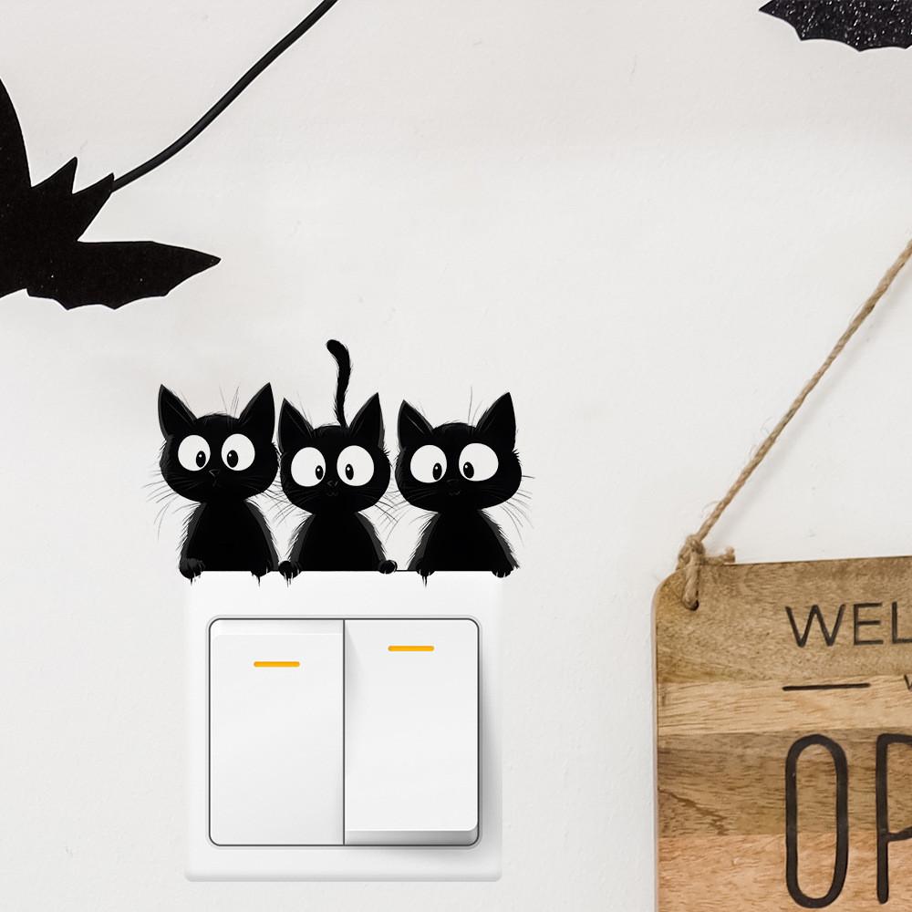 Black Halloween Cute Cat Switch Sticker Wall Decor For Living Room Office And