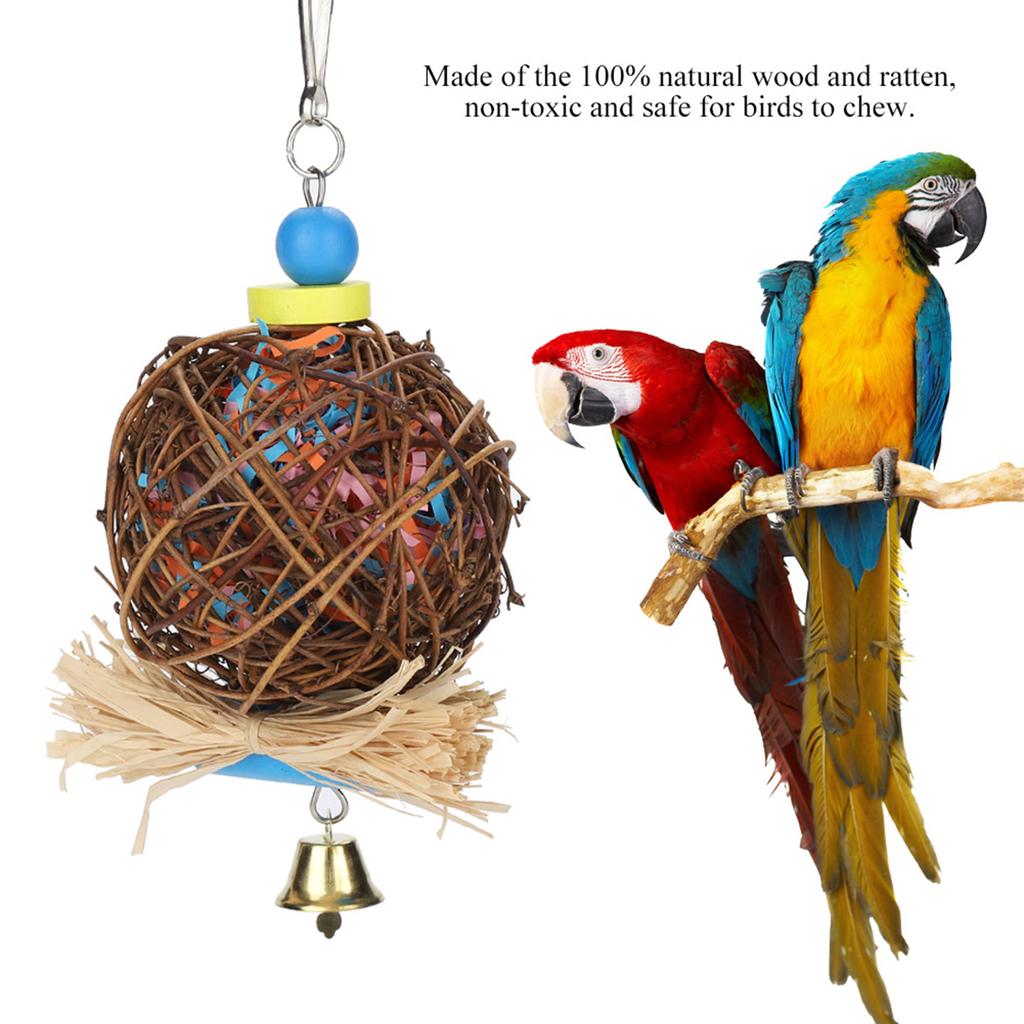 Bird Parrot Chewing Toy Natural Rattan Ball Toys for Small Birds with Paper Strips
