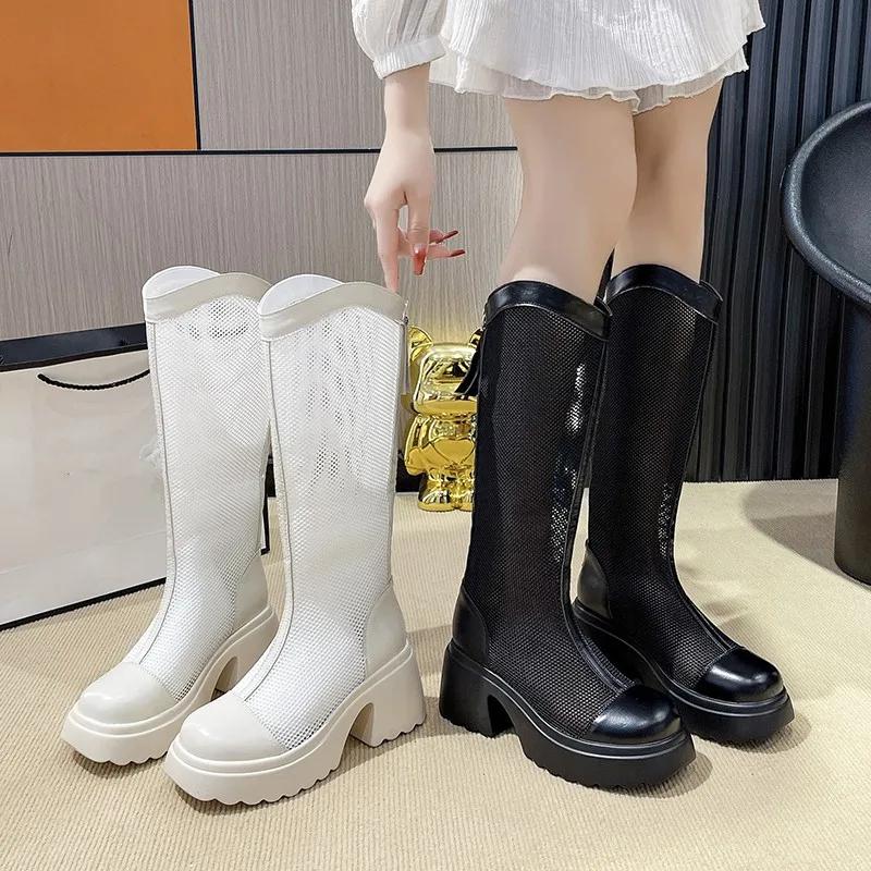7CM Female Summer Knee-high Mesh High Boots Women ZIP Breathable Mesh Knight Boots Thick Heel Hollow Long Cool Boots Botas Mujer