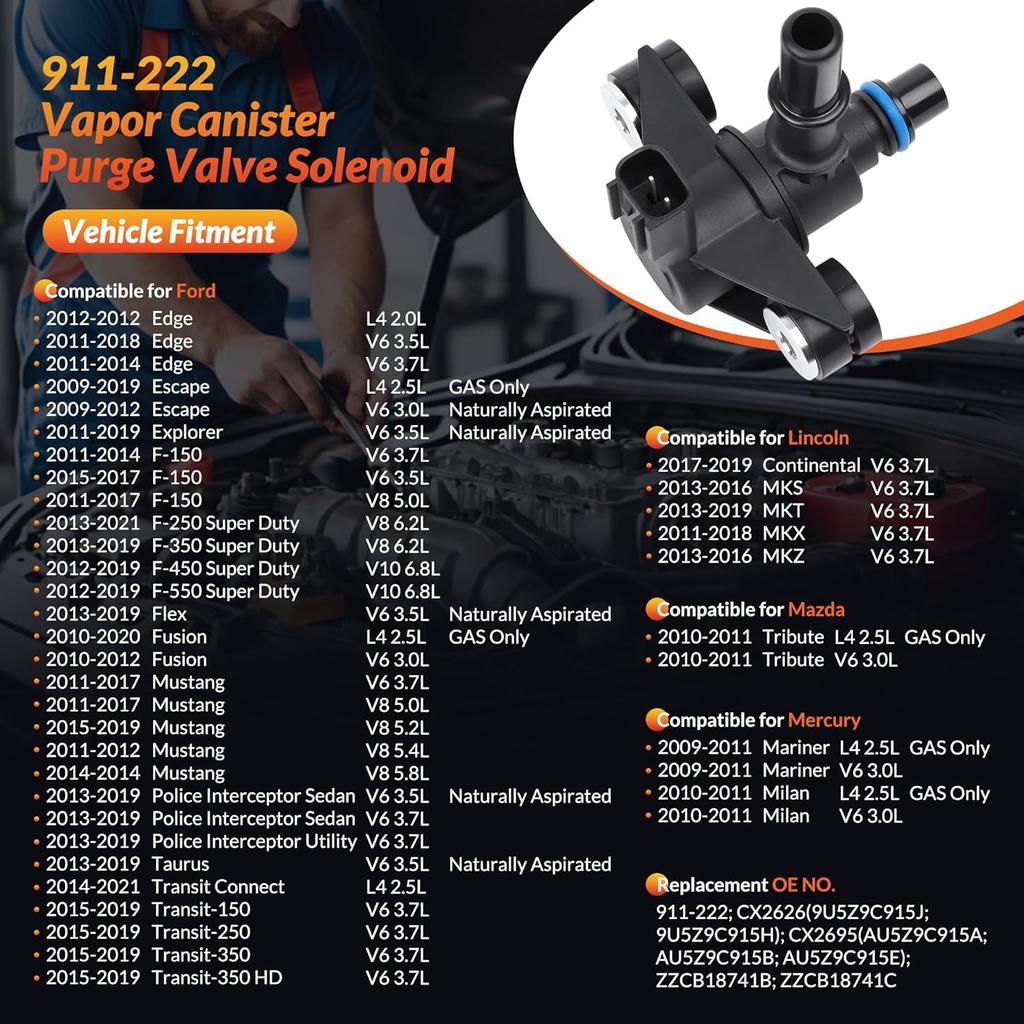 Vapor Canister Purge Valve Solenoid EVAP Compatible For Ford F-150,Escape, Explorer, Transit, Edge, Mustang & Lincoln Continental, MKX, MKT & Mercury