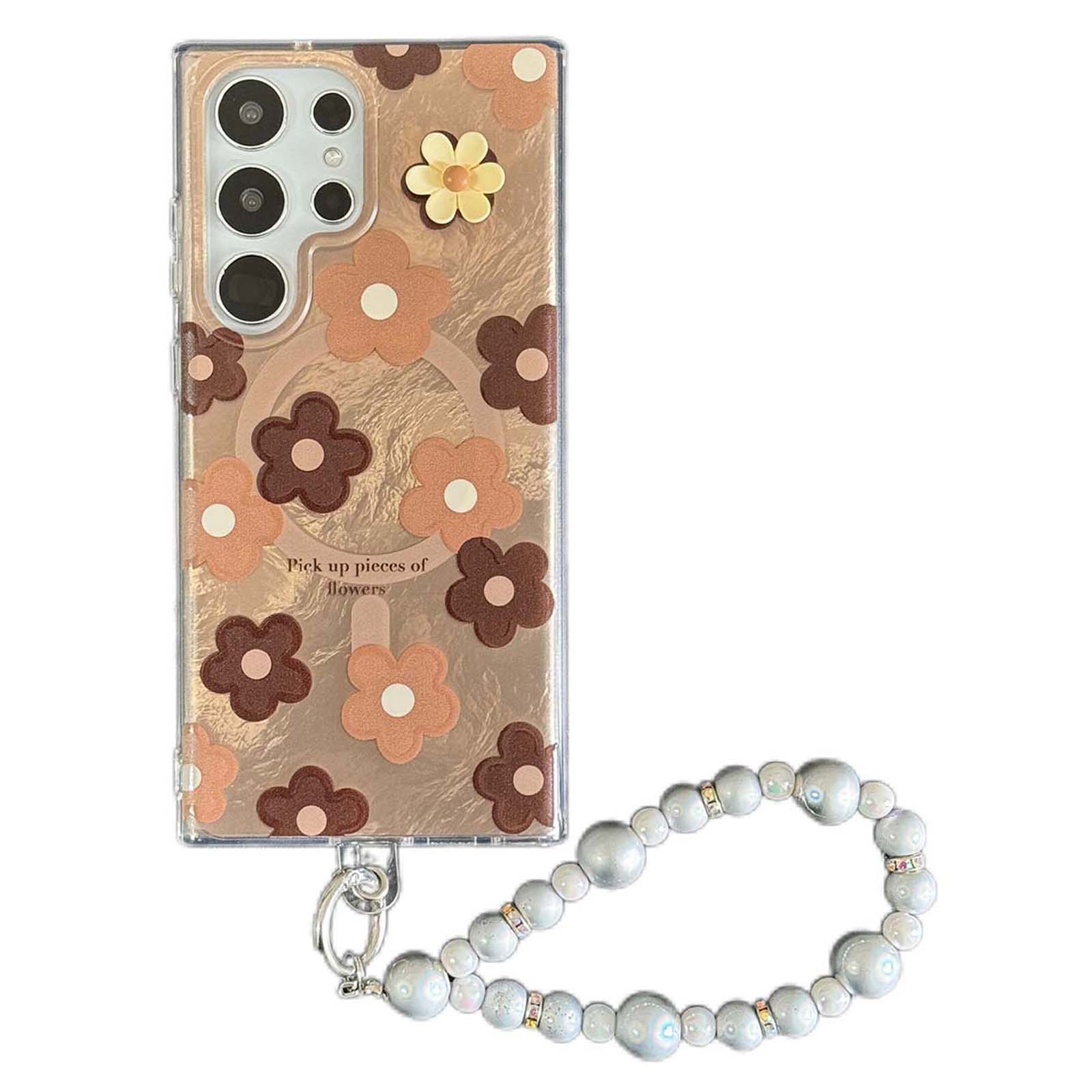 

For Samsung Galaxy S24 Ultra Magnetic Case Flower Pattern PC+TPU Phone Cover with Beads Hand Strap B