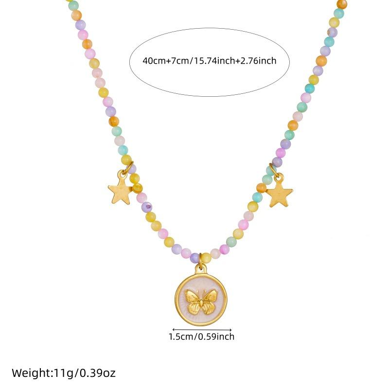 Gold Plated Stainless Steel Colorful Beaded Choker Necklace with Butterfly Star Charms for Women
