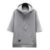 Men Summer Tops Hooded Adjustable Drawstring Zipper Half Placket Short Sleeve T-shirt Letter Print Quick Drying Ice Silk Fabric