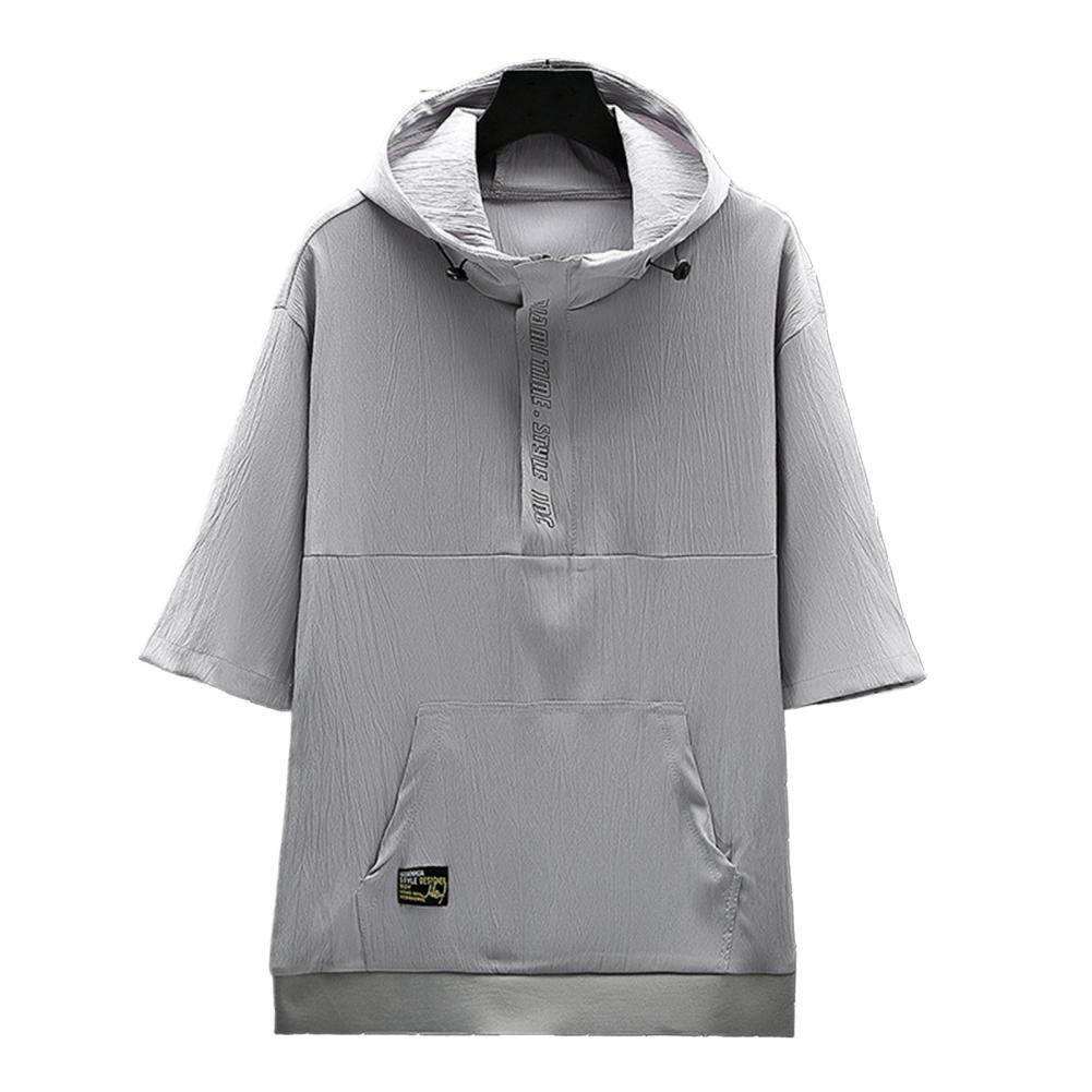 Men Summer Tops Hooded Adjustable Drawstring Zipper Half Placket Short Sleeve T-shirt Letter Print Quick Drying Ice Silk Fabric