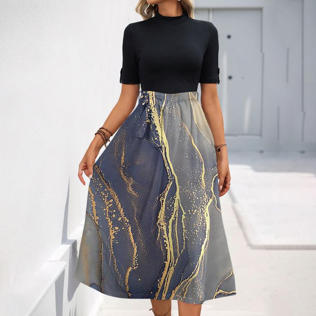 Women's Fashion Casual Belt Short Sleeve Round Neck Floral Elegant Temperament Dress