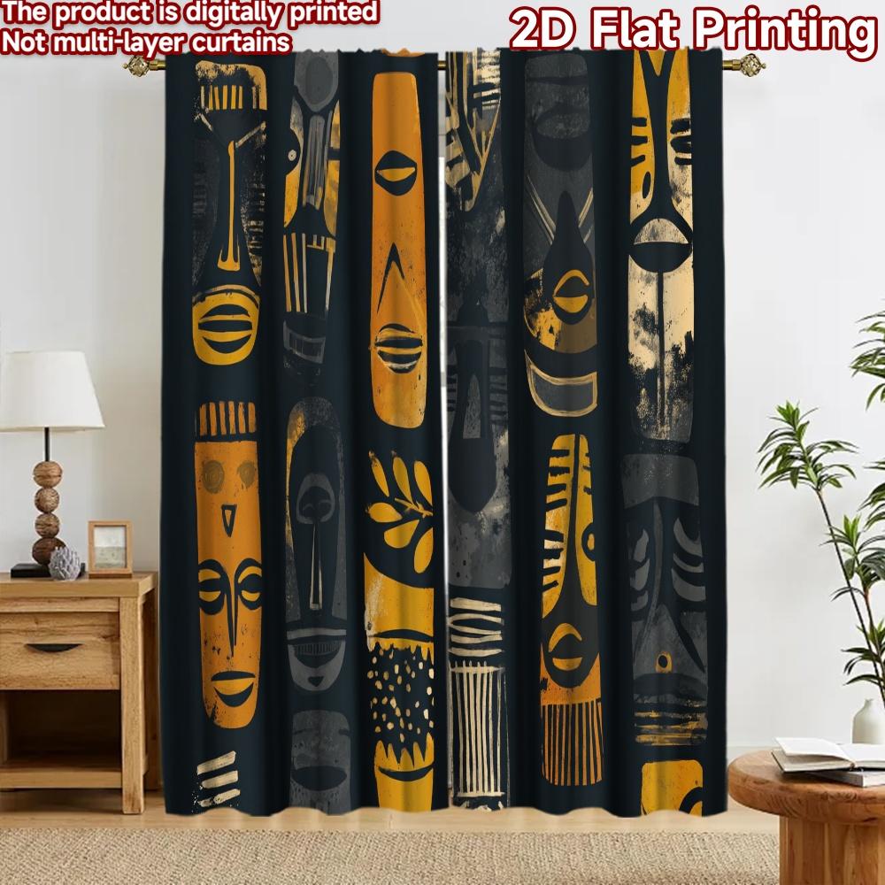 2D flat printing 2pcs Curtain Window Curtains Tribal Mask Art Digital Printed Polyester Drapes Family Party Decoration Perfect