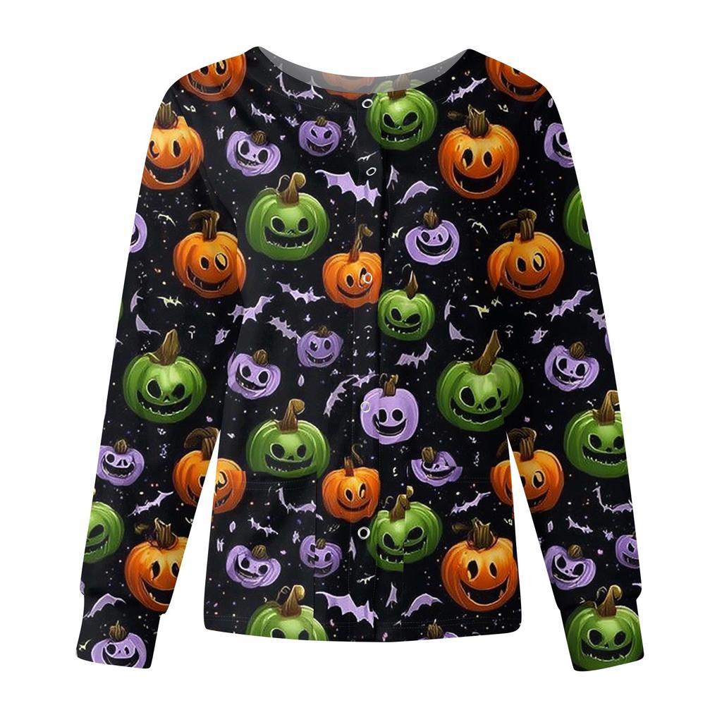 Women's Casual Fashion Long Sleeve Standing Collar Single Breasted Halloween Printed Workwear Jacket Tops