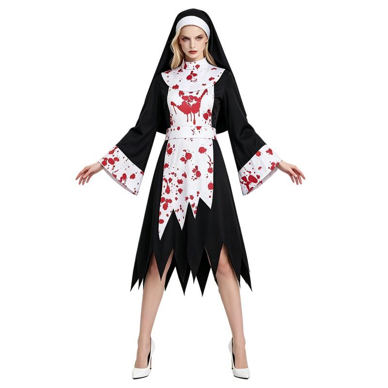 Bloody Nun Cosplay Costume Dress With Headpiece Anime Game Role Play Gothic Horror Theme