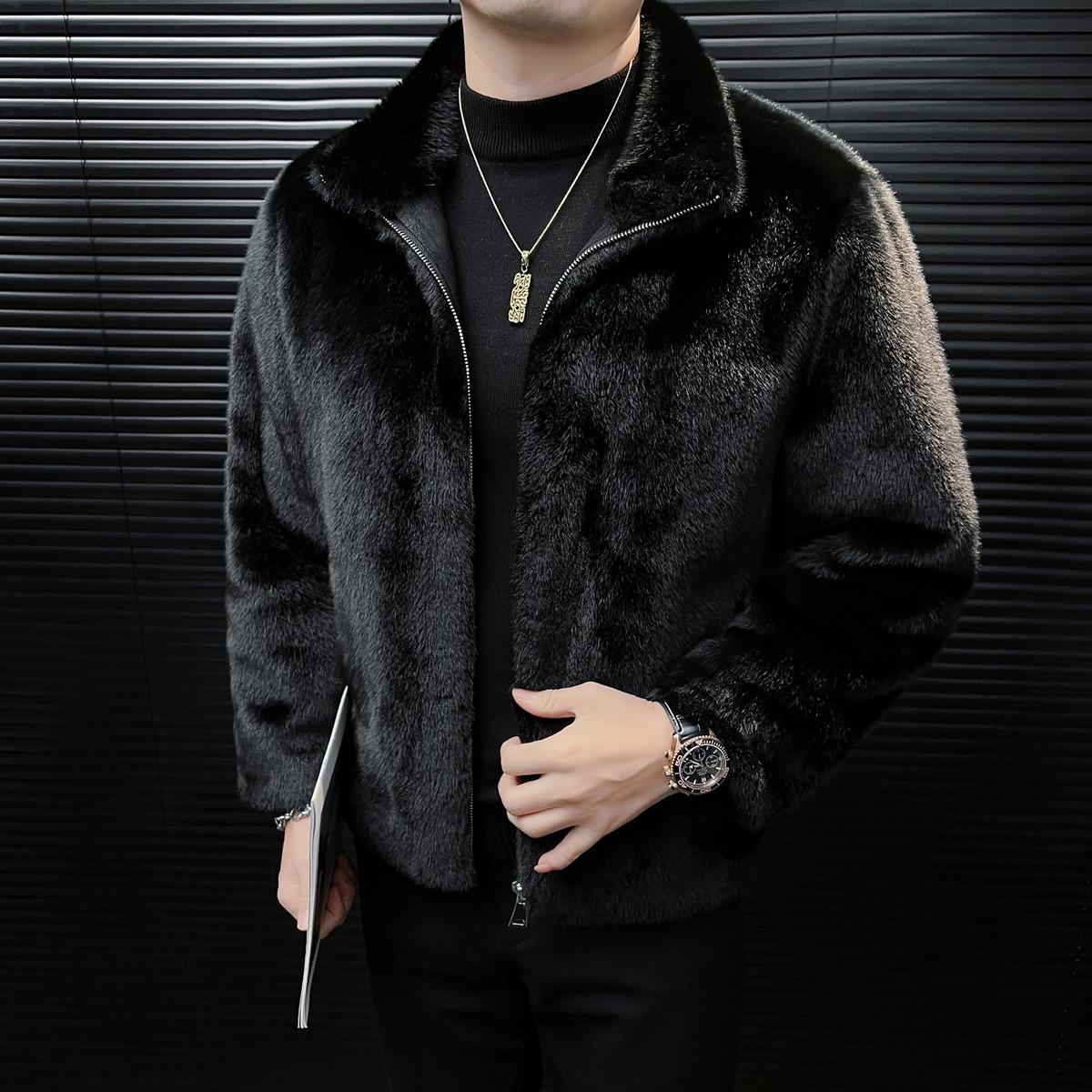 

2025 Men s High-Quality Faux Mink Shearling Coat - Thickened Stand-Collar Winter Zip Top 2XL чорний
