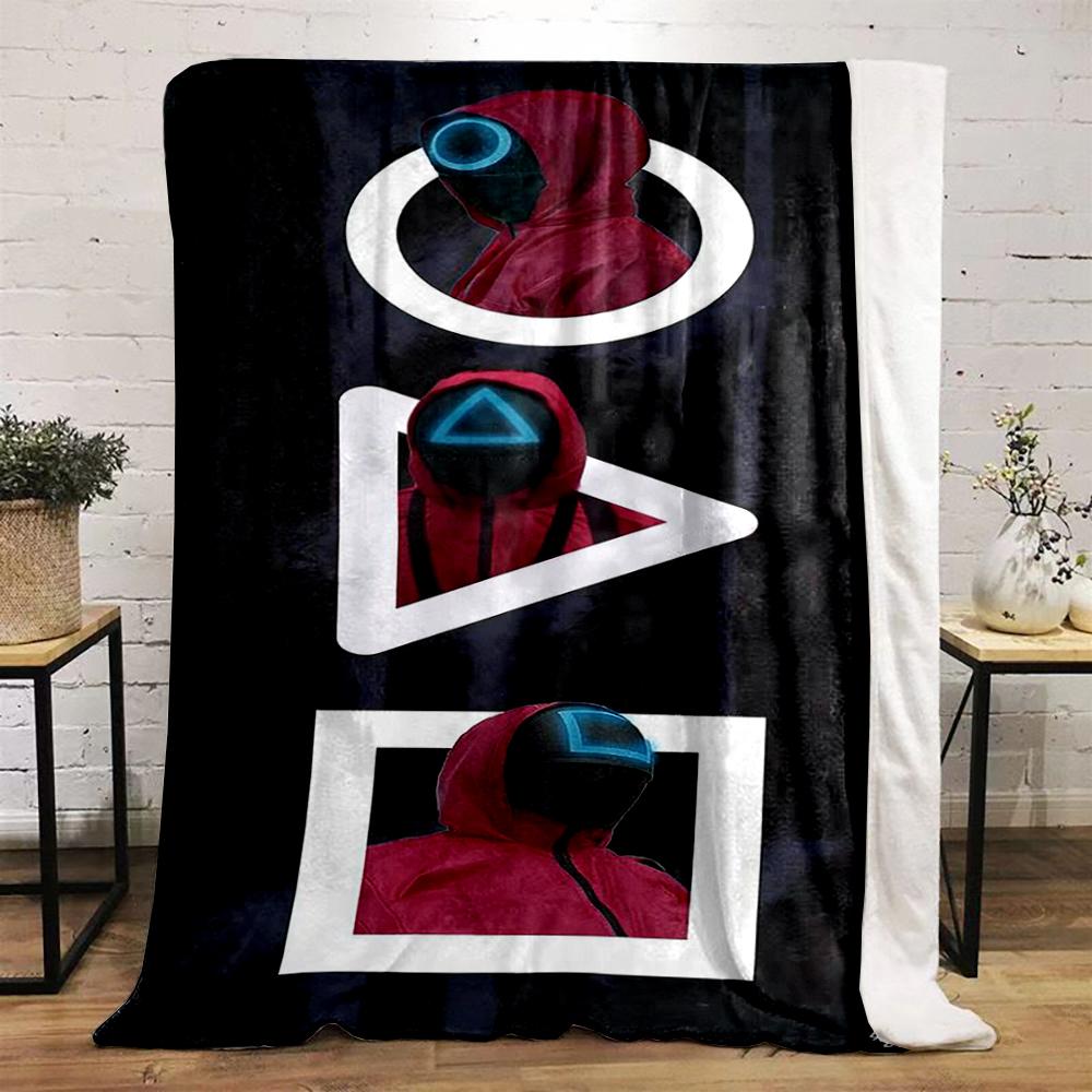 Red Hooded Characters with Geometric Masks Design Flannel blanket for bedroom, living room, sofa, and nap