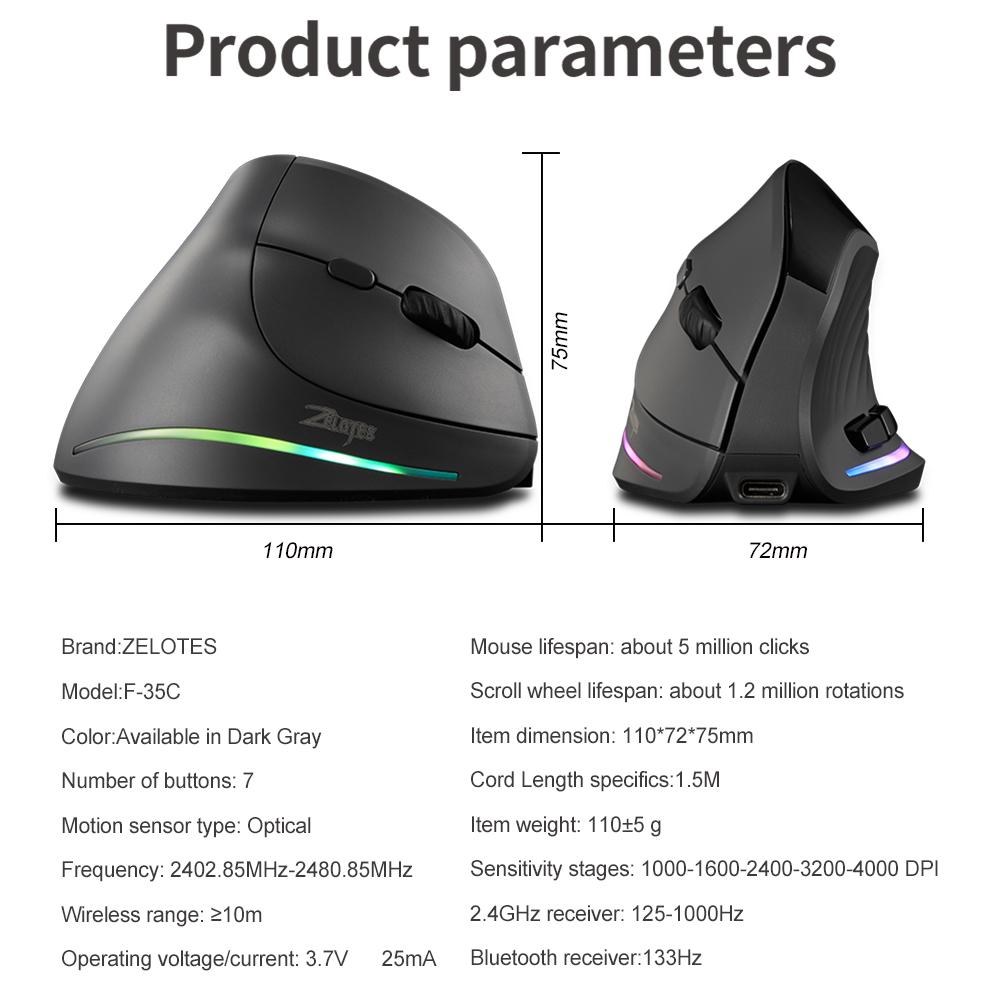 Wireless Bluetooth-Compatible Mouse Tri-Mode BT+2.4GHz+Wired Wireless Vertical Ergonomic Optical Mouse for PC Laptop Windows