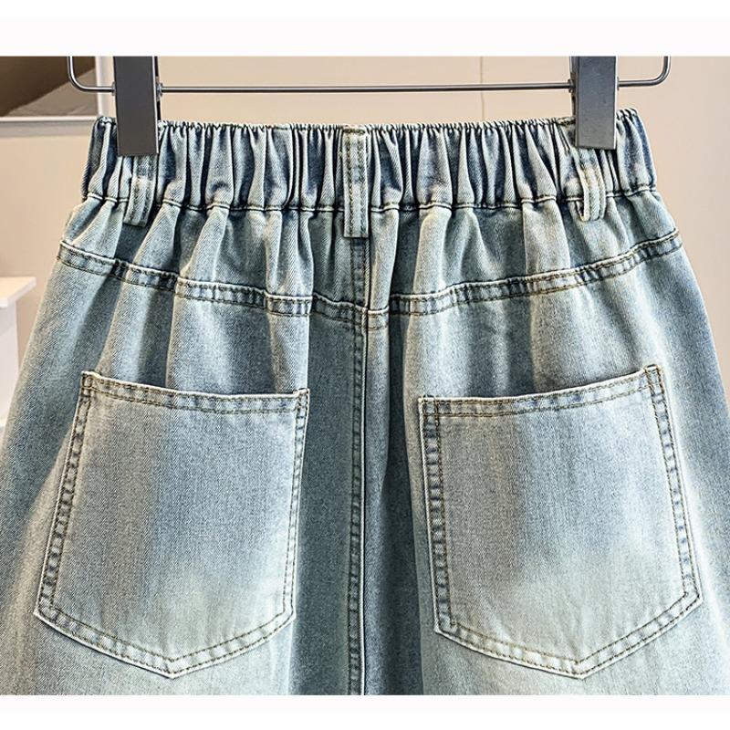 DIMANAF 2026 Summer New Plus Size Women Wide Leg Pants Jeans Shorts Casual Elastic Waist Jeans Pants Denim Cotton Blue