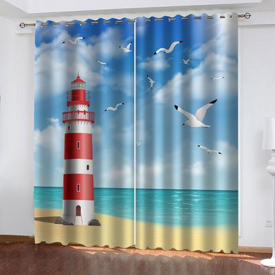 Cortinas Listas Baratas Paisaje de Faro Costero 3D Habitación de Niño Niña Ventana de Dormitorio Decoración Cortinas de Sala de Estar Moda
