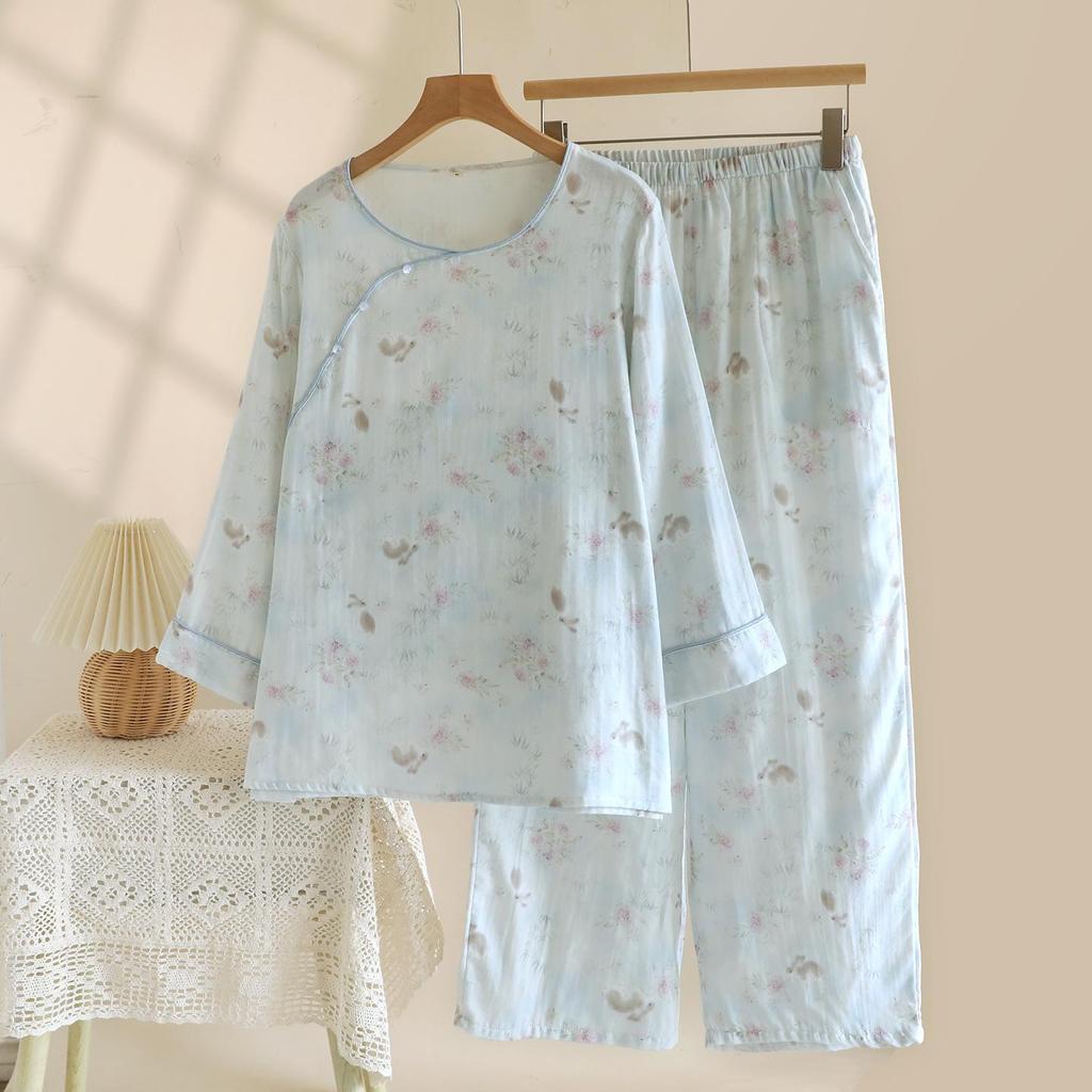 Damen Pyjama-Set aus reiner Baumwolle - Süßer chinesischer Stil, Langarm & Hose, mit Seitentaschen, Lockerer Schnitt für Frühling, Sommer und Herbst.
