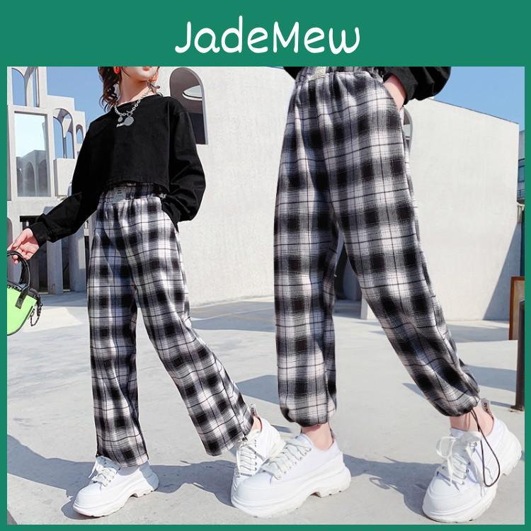 Casual Pants Girls Outer Wear Fashion Plaid Trousers Big Childrens Loose Wideleg Girl Trendy Plaid Streetwear Adjustable Foot 2 Wear