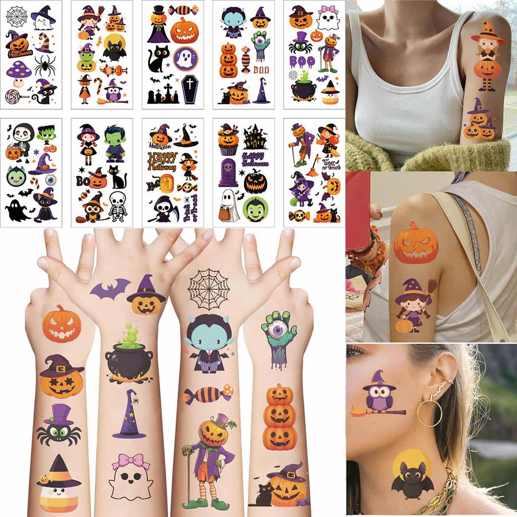 10Pcspack Halloween Tattoo Stickers Horror Lips Bat Pumpkin Candy Funny Tattoos Temporary Sticker Waterproof Gift Toy