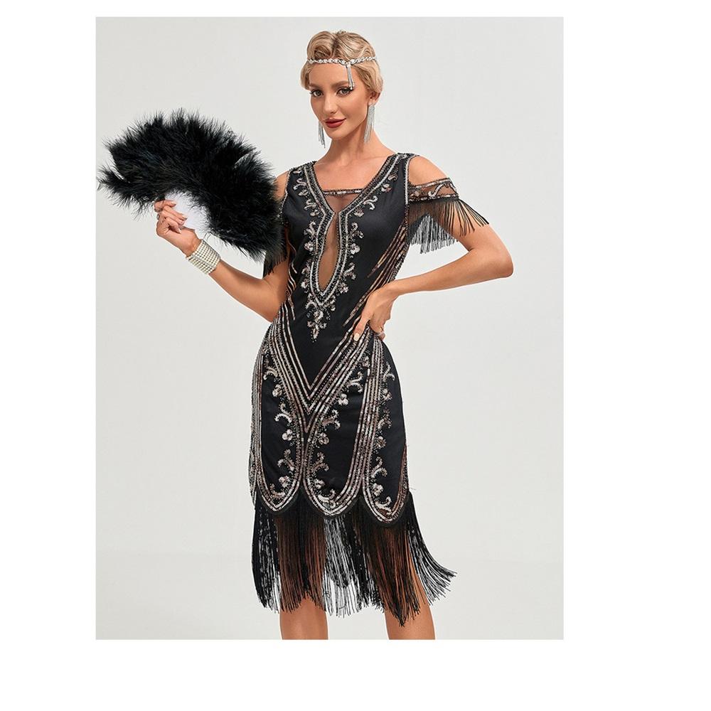 1920S Retro Dance Party Embroidered Tassel Dress Cocktail Party Plus Size Sequins Mesh Dress
