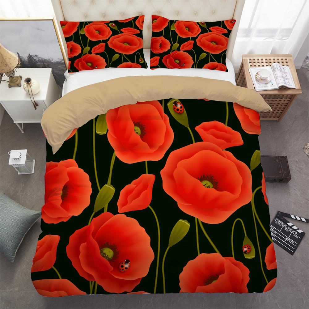 Golden Red Rose King Queen Duvet Cover Romantic Floral Bedding Set Valentine's Day Flowers Quilt Cover Polyester Comforter Cover