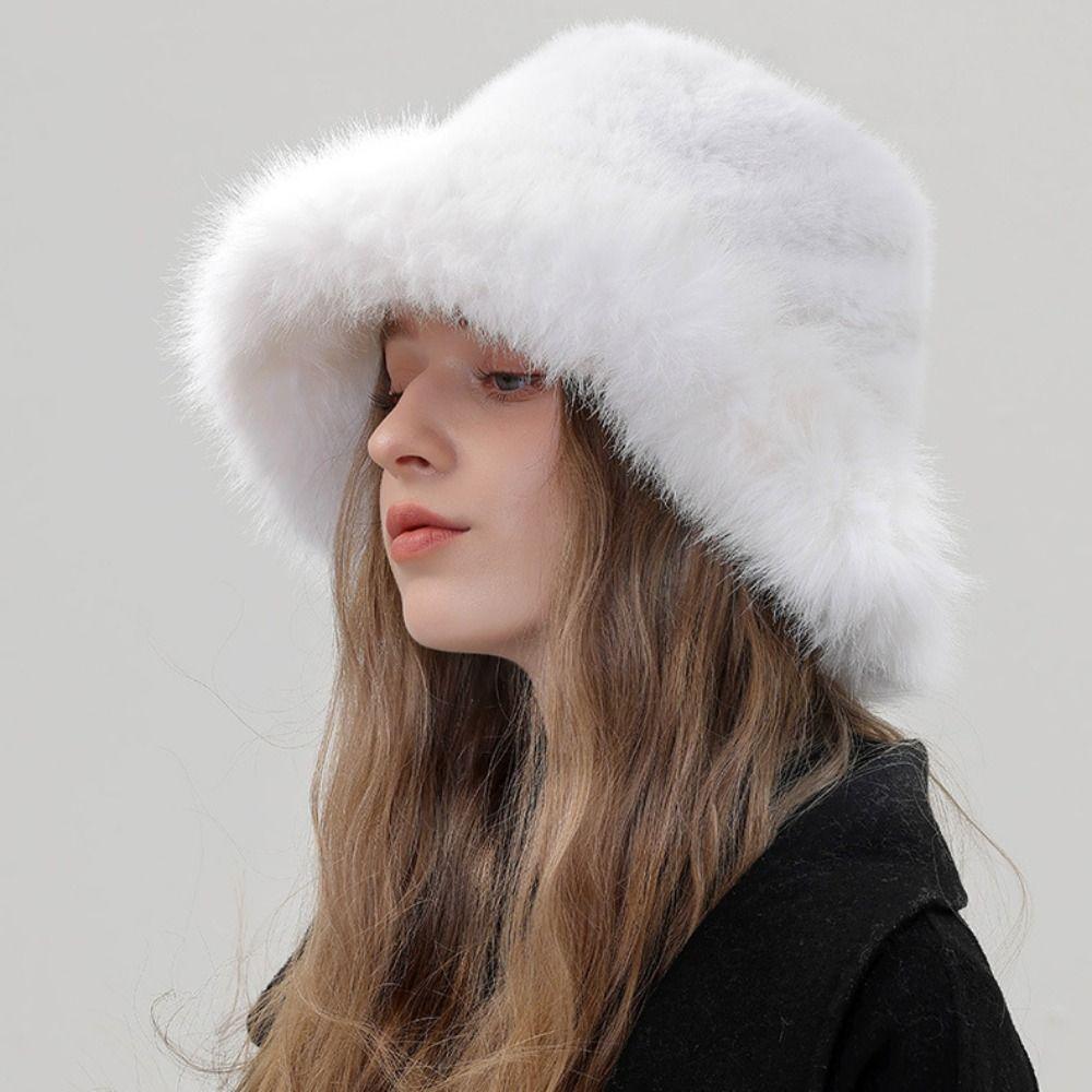 Warm Artificial Fur Hat Imitation Fur Winter Cap Elegant Plush Bucket Hat Streetwear