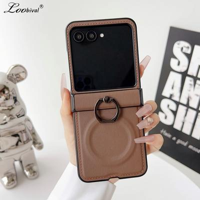 Custodia in Pelle con Supporto ad Anello per Samsung Galaxy Z Flip 7 6 zflip 3 4 Supporto Magnetico Cover Opaca Antiurto