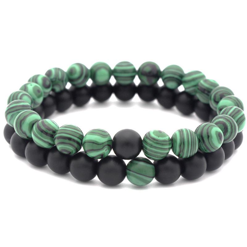 Matte Black & Malachite Stone Couple Bracelet - 8mm Frosted Design